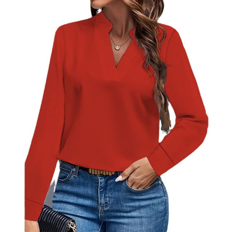 Independent Autumn Simple and Casual Solid-color V-neck Loose Shirt Top