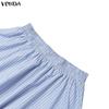VONDA Two Piece Suit Women Short Sleeve Lapel Neck Tops and Pleated Mini Skirts Sets