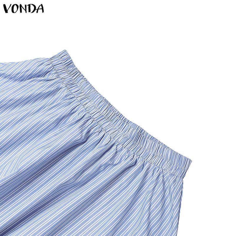 VONDA Two Piece Suit Women Short Sleeve Lapel Neck Tops and Pleated Mini Skirts Sets