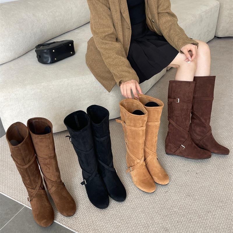 New Retro Matte, Height Increased by 6cm~ Korean Round Head Buckle with Soft Folds and Thin High Boots for Women's Autumn