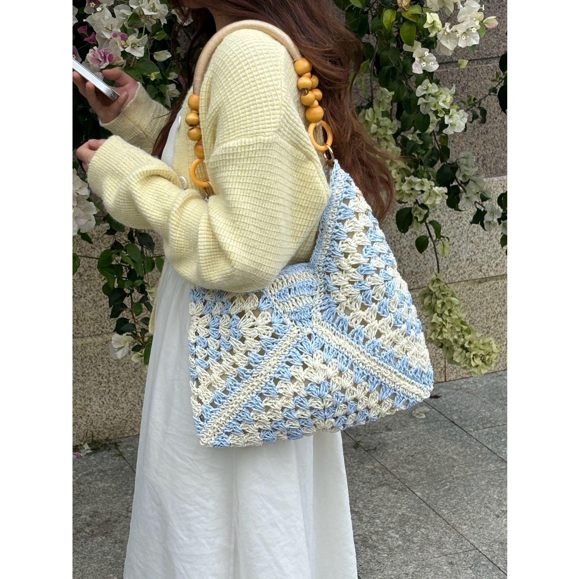 Korean fashion summer straw woven bag women s seaside vacation beach hollow shoulder tote bag woven vegetable basket bag синий