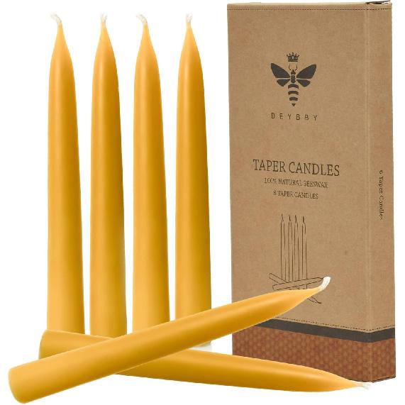 Natural Beeswax Taper Candles, DEYBBY Smokeless and Dripless Beeswax Candles, Long Lasting Burning, Nontoxic, 8 Inch, 6 Pack