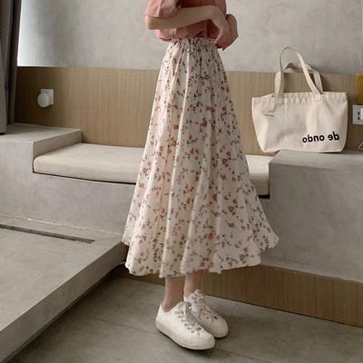 Vintage Floral Print A Line Pleated Long Skirts Summer Women Skirt Drawstring Elastic Waist Skirt