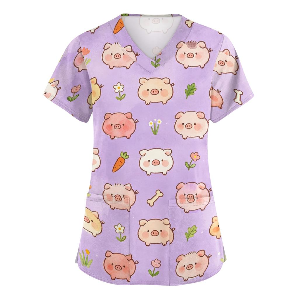 Women V Neck Short Sleeve Work Shirt with Pockets Animal Print Top for Healthcare Professionals Nurses Veterinary Staff
