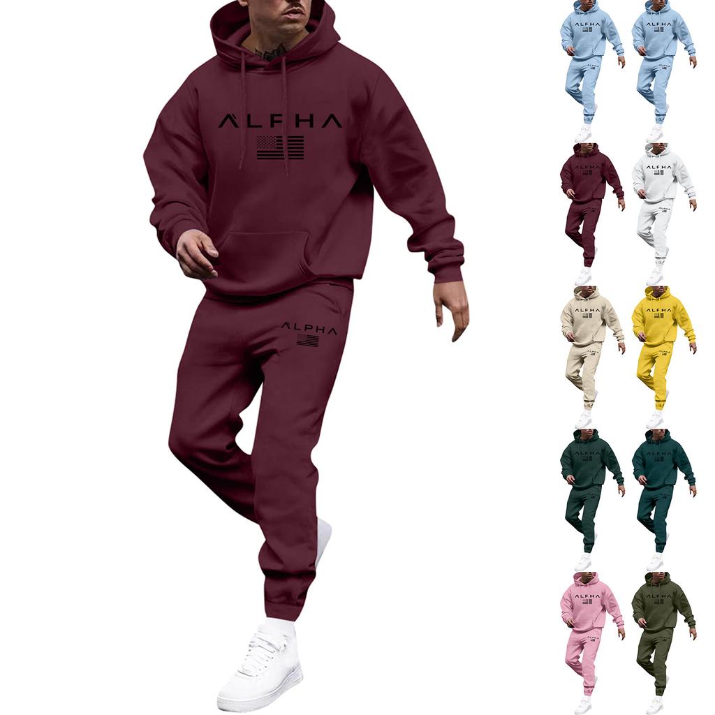 Men's Printed Hooded Sweatshirt And Sweatpants Casual Sports Suit