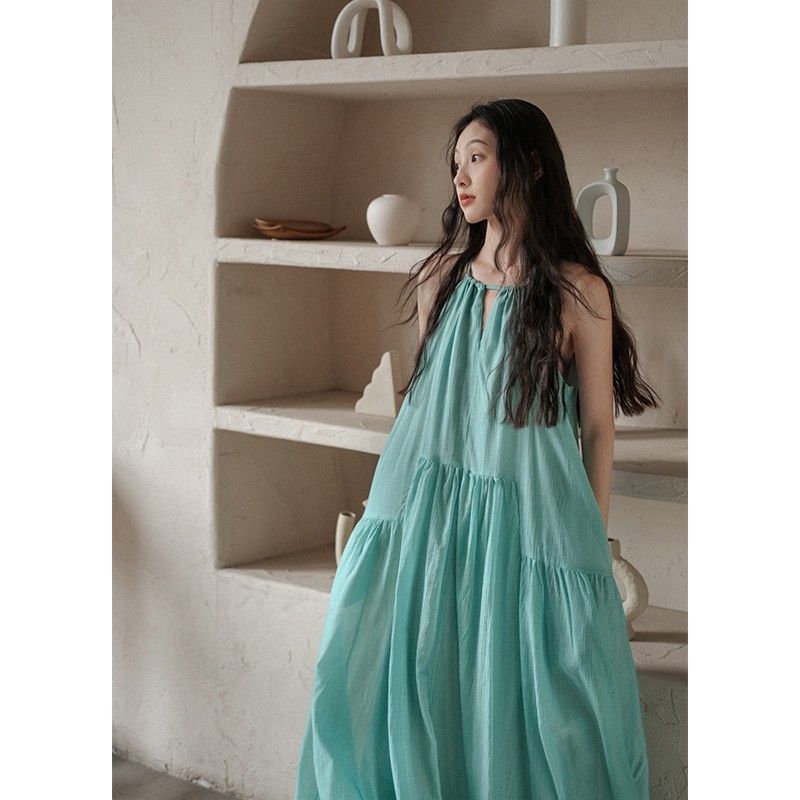 French hollow suspender dress women's summer seaside vacation wind beach skirt pleated lazy relaxation long skirt