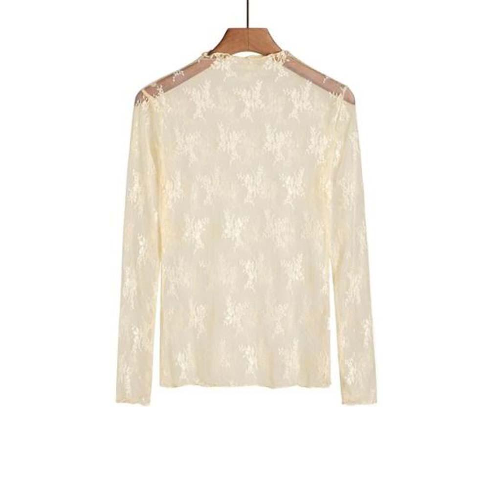 Mesh Lace Bottomed Blouse Hollow Lace Floral Shirts Elegant Transparent T-shirt Spring Autumn