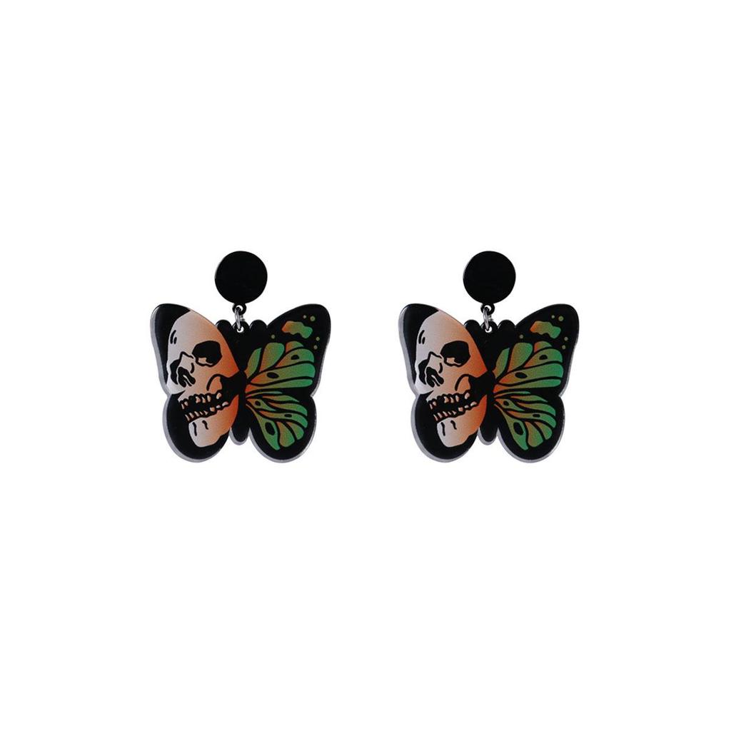 Silver Needle Butterfly Skull Acrylic Halloween Earrings for Women