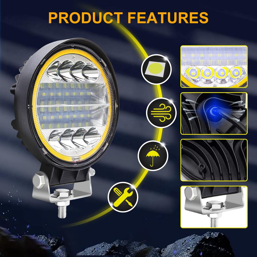 72W LED Work with Yellow Halo Ring Light, 4.5-inch Round, Wide/Narrow Angle, White, 6500K, 12V-80V Compatible, Waterproof, Universal,