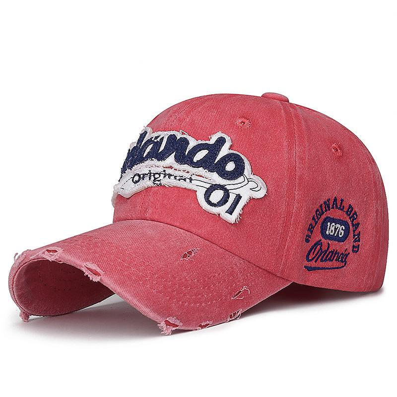 Fashionable Distressed English Embroidered Baseball Hat with Perforated Patch and Curved Brim