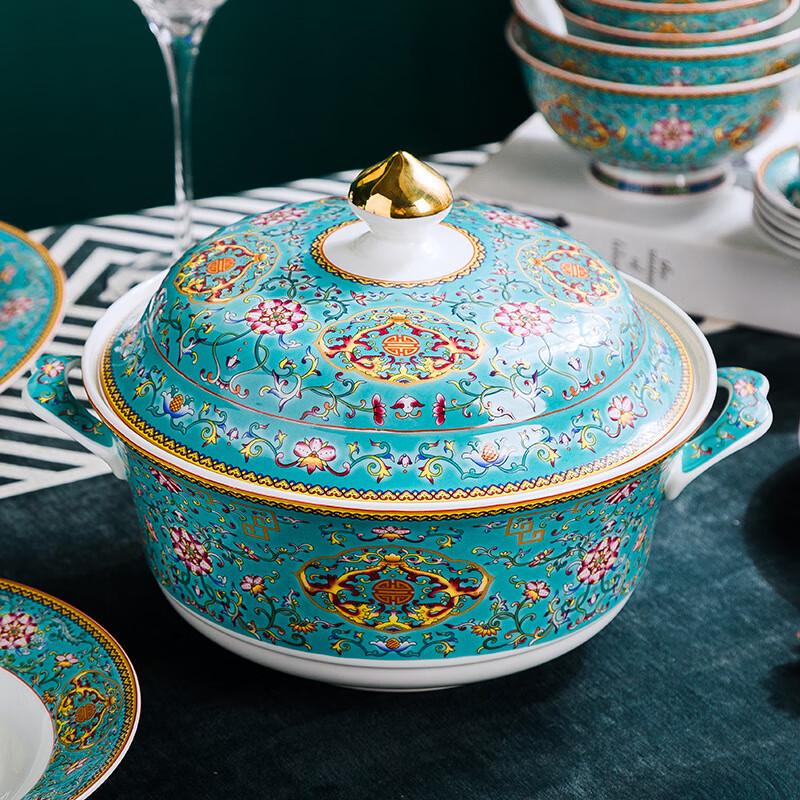 LISM 60-Piece European Style Enamel Blue Ceramic Dinnerware Set