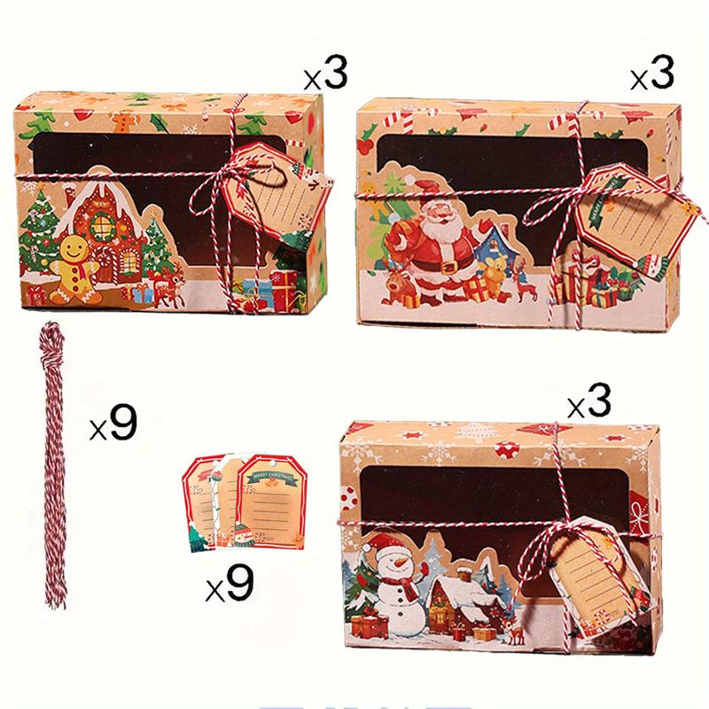 

9 Pack Christmas Kraft Cookie BoxesWithWindow LargeHolidayBakery Treat Gift Box For Cupcake Candies Food Packing Xmas Containera 22x15x7cm