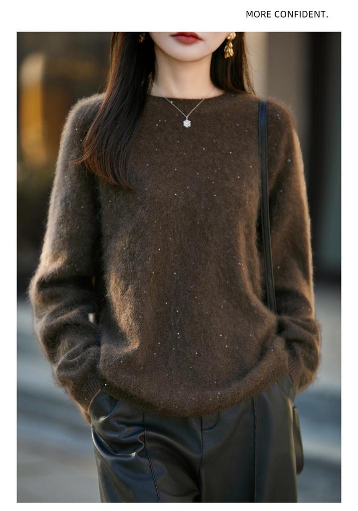 Red Sequined Double-Strand Brushed Wool Sweater - Autumn/Winter Korean Style, Soft Knitwear for Women