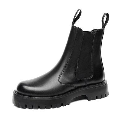 Fashion Chelsea Boots Mens Winter Shoes Thick Sole Non-slip Genuine Leather Mens Ankle Botas Warm Plush Black