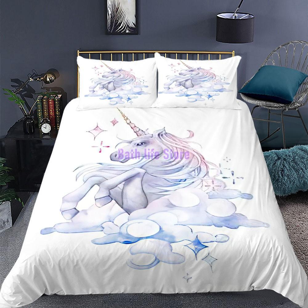 Cartoon Unicorn Lucky Kids Girls Pink Bedding Set Cartoon Duvet Cover Bedcllothes Animal Printed Queen King Size Bed Linens