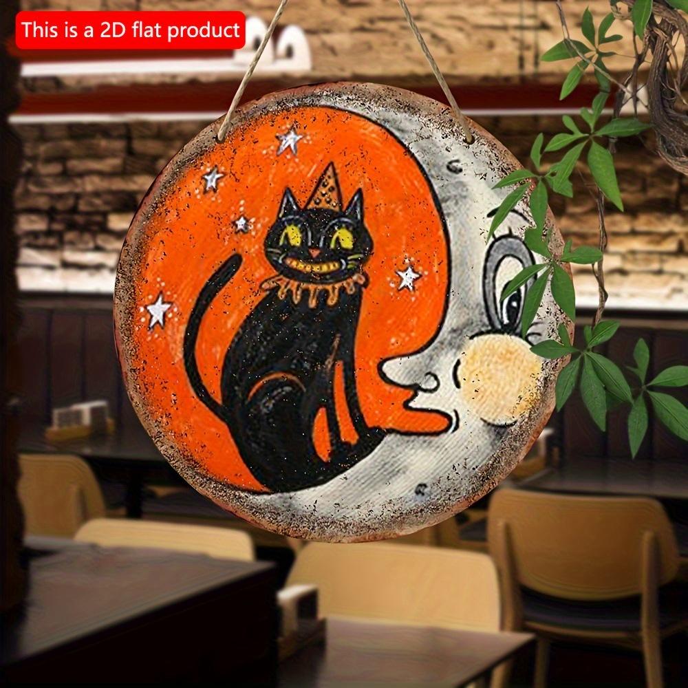2d Flat 20*20cm, Halloween Home Decoration, Halloween Retro Black Cat and Moon Wooden Circular Creative Decoration Signboard, for Home, Kitchen Garden