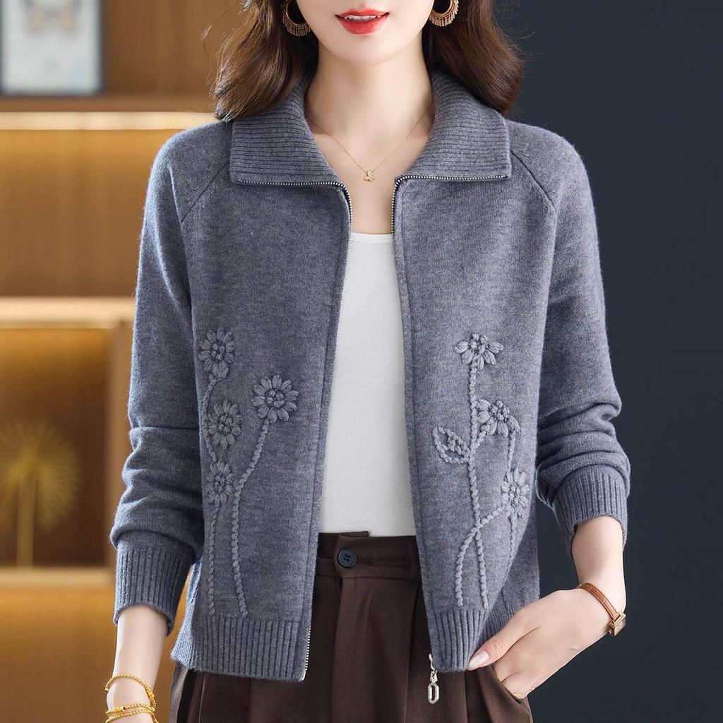 Women's Short Cardigan Sweater - 2025 Spring/Autumn Fashion, Loose Knitted Zipper Jacket for Moms