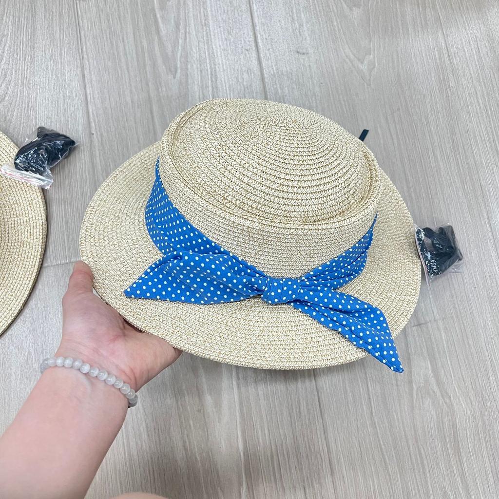 Small fresh bow flat top straw hat women's new French straw top hat fashionable seaside beach hat