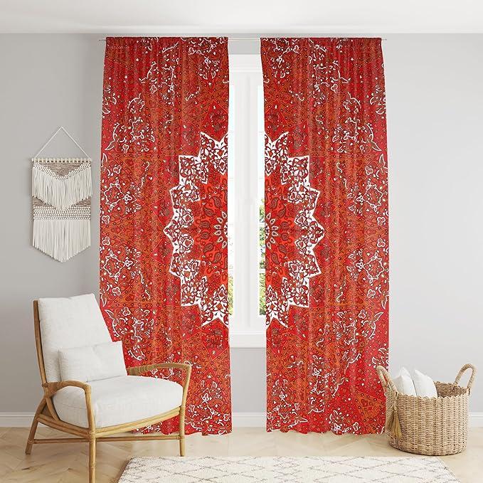 Bless International Beautiful Indian Bohemian Psychedelic Hippie Tree of Life Window Curtain Panels for Bedroom, Living, Balcony (Red Star)