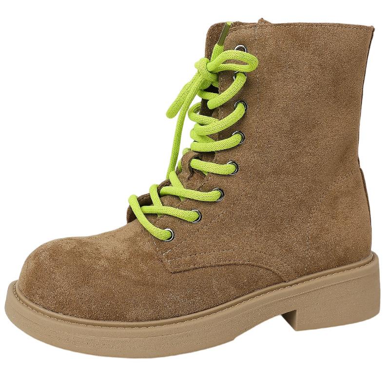 Retro contrasting color platform versatile strap-up square heel short boots autumn and winter fashion suede strap women's shoes thick heel Martin