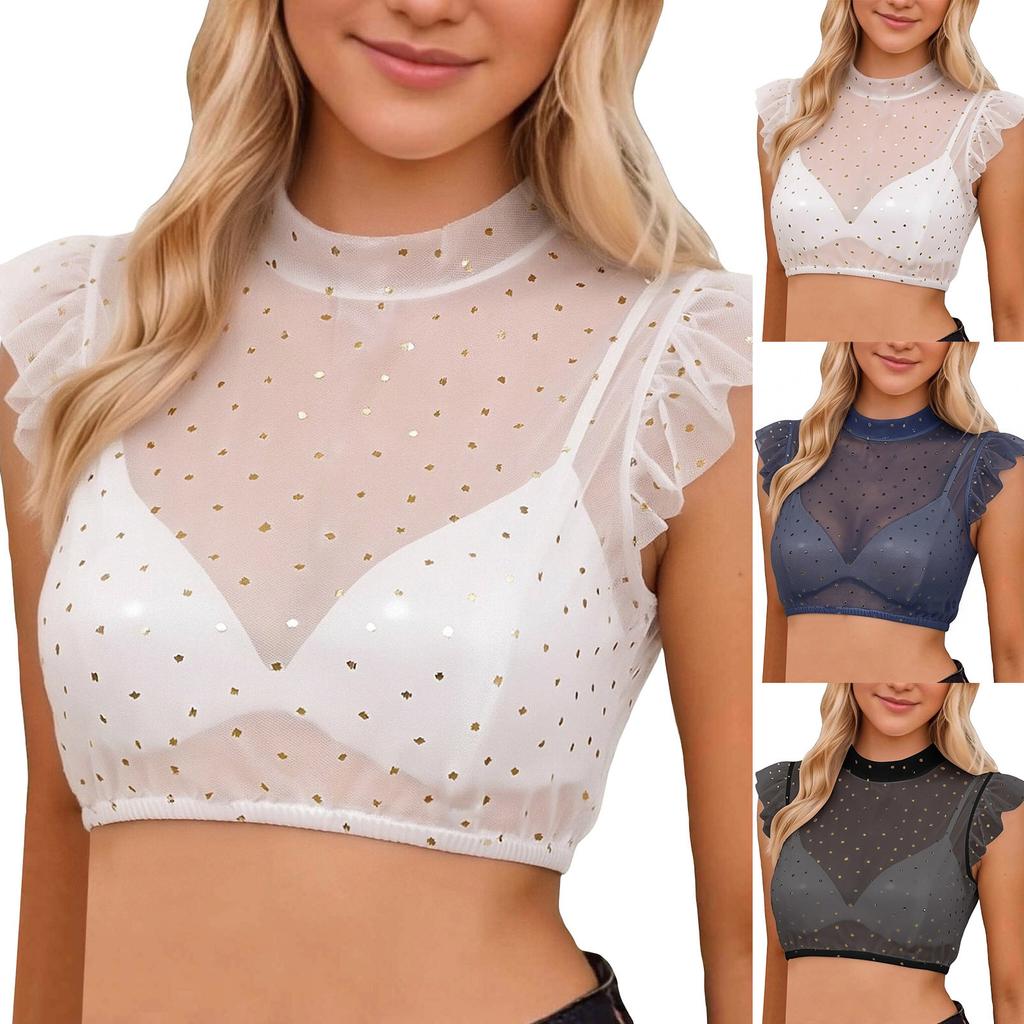 Women's Sheer Mesh Crop Top with Polka Dot Pattern Sleeveless Ruffle Detail High Neck Short Blouse for Casual Wear