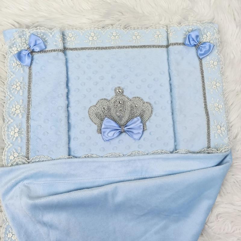 Dreamy Fairy Tale Style 3D Rhinestone Crown Embroidered Lace Soft Dot Fleece Baby Warm Blanket