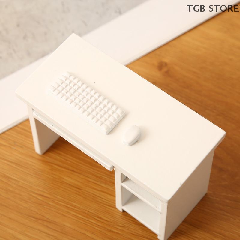 1Set Wooden Computer Desk Mouse Keyboard Set 1/12 Dollhouse Study Furniture Decoration Micro Scene Construction Props