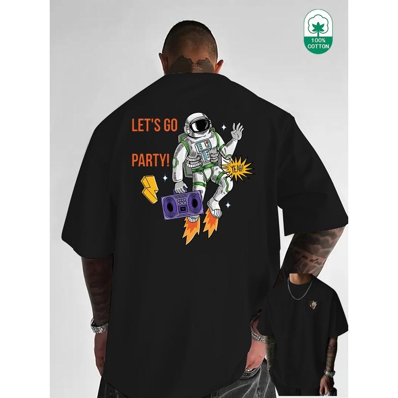 European Size Fashion Trendy Astronaut Futuristic Space Party Creative Front-Back Print Heavyweight Rebellious Pure Men S Short Sleeve T-Shirt S