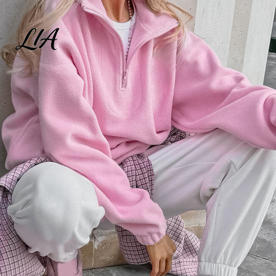 Lady Sweatshirt Women Solid Color Collared Sweatshirt, Loose Half Zipper Collar Pullover Top, Casual Sports Long Sleeve Outfits for Autumn Winter