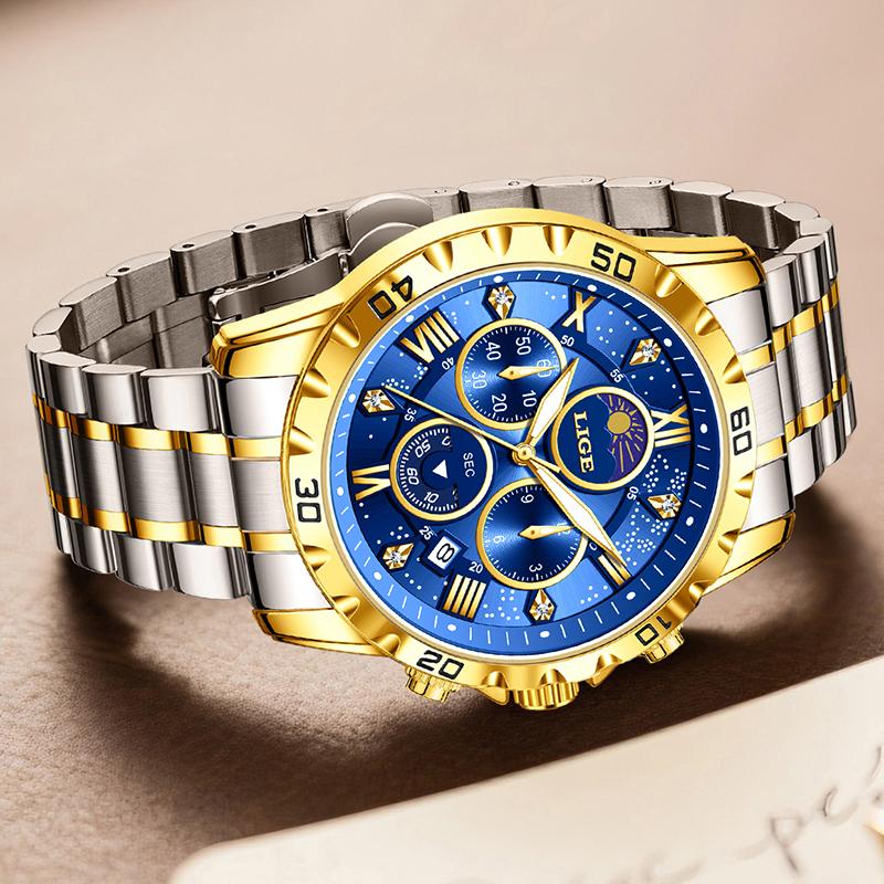 LIGE Top Brand Luxury Watches Men Fashion Multifunction Quartz Wristwatches 30M Waterproof Luminous Steel Mens Watch Reloj