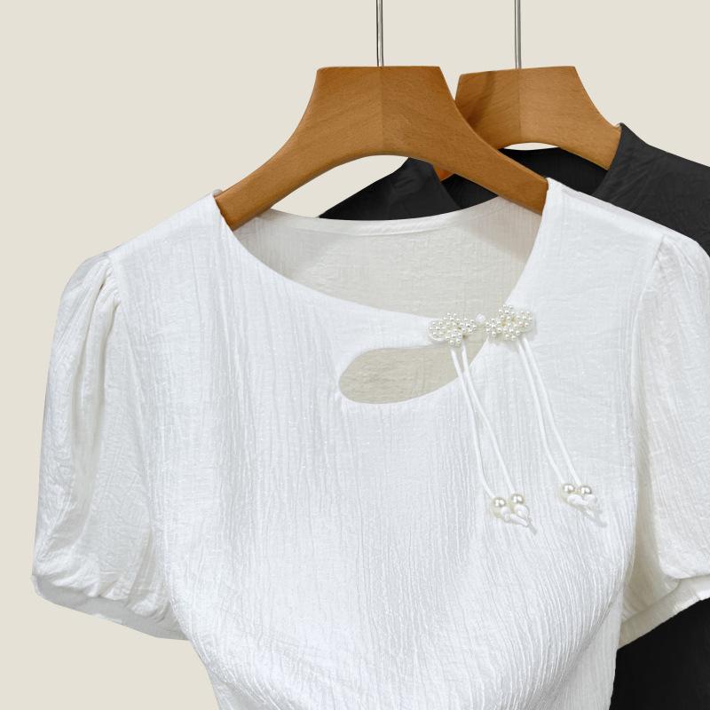 Retro Slanted Neck Chiffon Shirt for Women New Women's Chinese Style Short-sleeved T-shirt Design Slanted Slanted Trouser Top