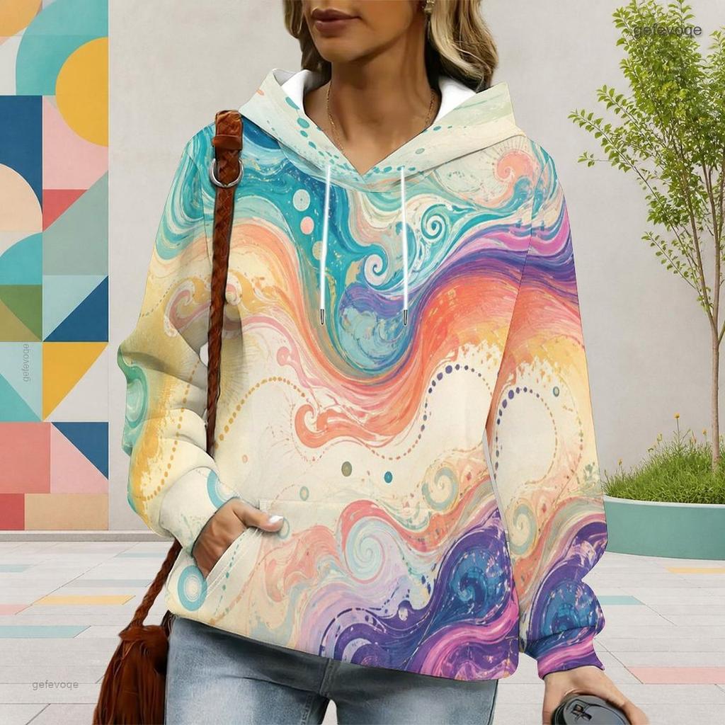 Women Plus Size Colorful Abstract Swirl Printed Long Sleeve Drawstring Hooded Pullover With Kangaroo Pocket