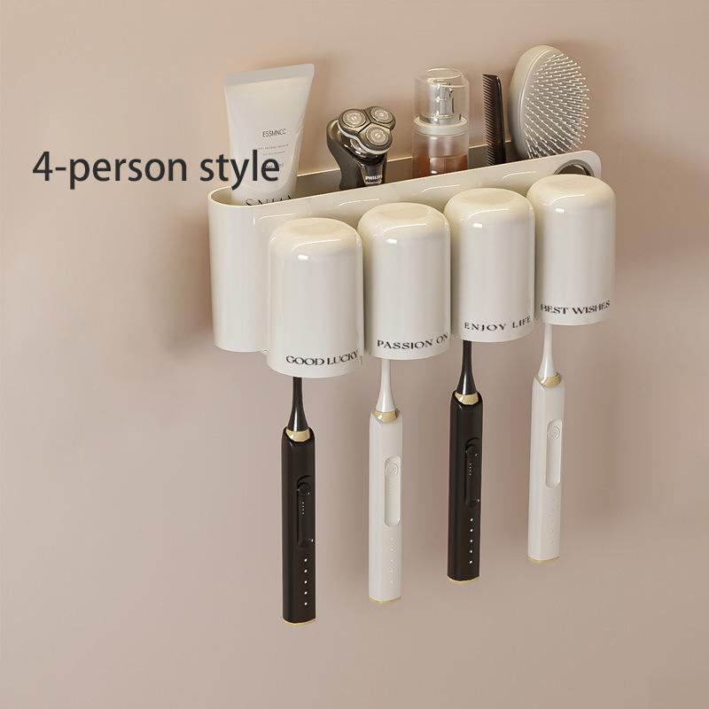 Toothbrush Toothpaste Storage Rack 4 Grid Multiple People No Punching Required Wall Mounted Family Gargle Cup Toilet Supplies