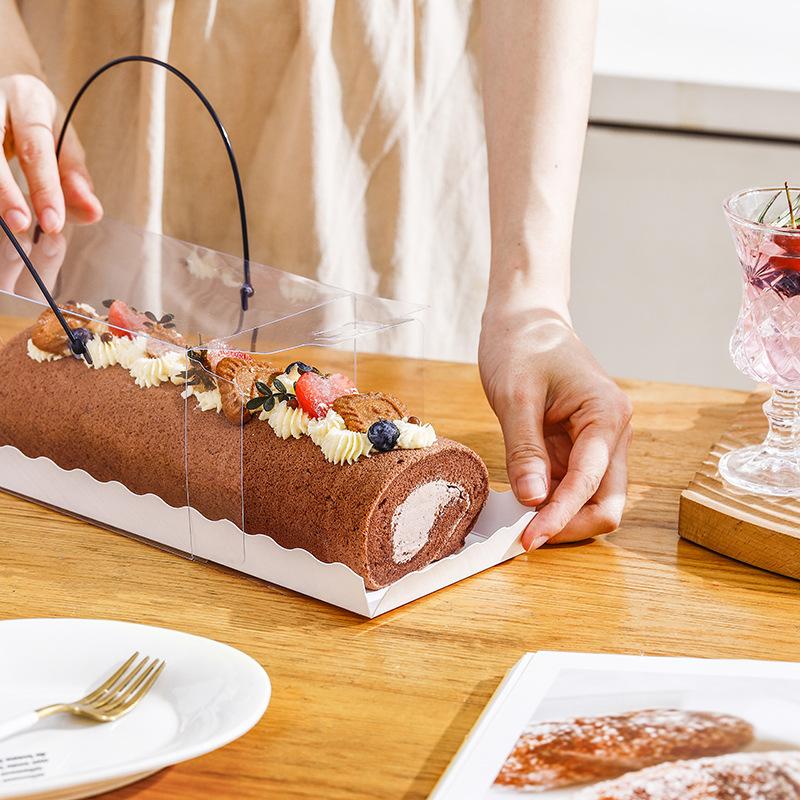 Portable Cake Roll Transparent Box Western Style Dessert Packaging Boxes Rectangular Pastry Case 10pcs Handheld Swiss Roll Cases Double-sided Laminat