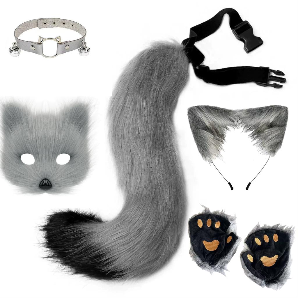 Fox Tail Set Cat Ear Headpiece Tail Fluffy Cat Claw Glove Headband Necklace Set Lolita Anime Halloween Cosplay Costume Accessory