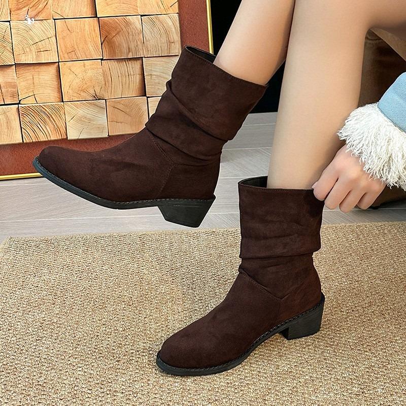 Fashion British Knight Boots Autumn Retro Suede Thick Heel Western Cowboy Boots Women's Versatile Mid-Calf Boots Designer Women Shoes