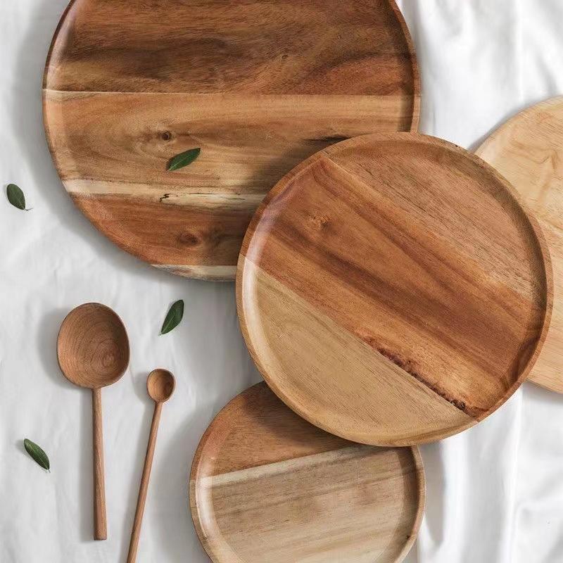 15/20/25cm Holz Rund Servierplatte Tablett Retro Holz Pizza Salat Teller Obst Dessert Tablett Brot Kuchen Behälter Snacks Schale