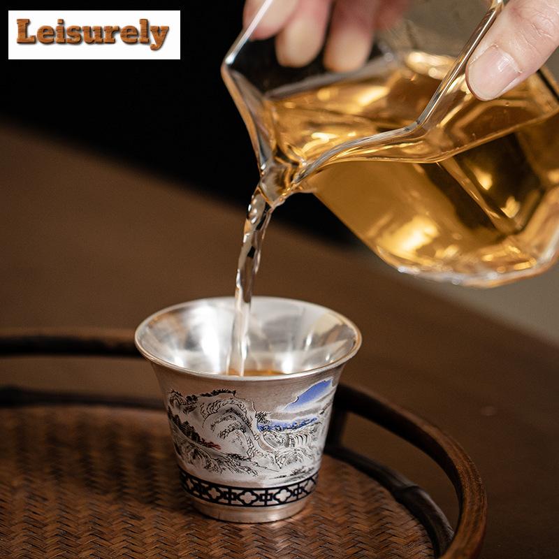 50ml Boutique Beautiful Mountains Waters Teacup Handmade Silver Plated Ceramic Small Cup Personal Master Cup Tea Bowl Drinkware