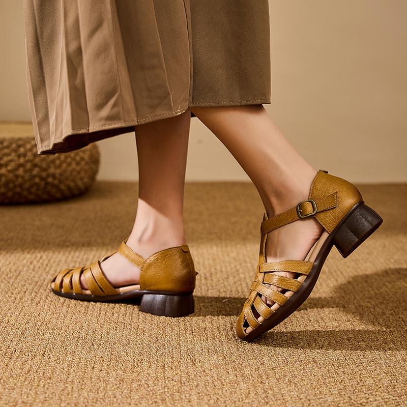 New Women's Sandals Chunky Heel Roman Retro Pig Cage Shoes Women Genuine Leather Openwork Comfortable Shoes Female