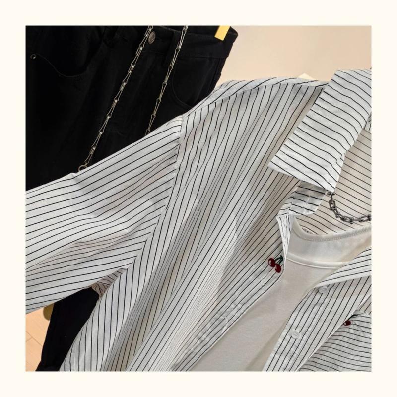 Women's White Striped Oversized Long Sleeve Shirt Casual Loose-Fit Blouse