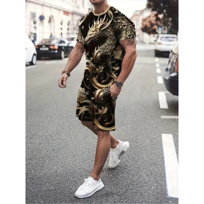 Simple Marble 3D Print Summer Casual Men's Crewneck Top And Shorts Urban Street Fashion Men's Suit Everyday Casual Comfort
