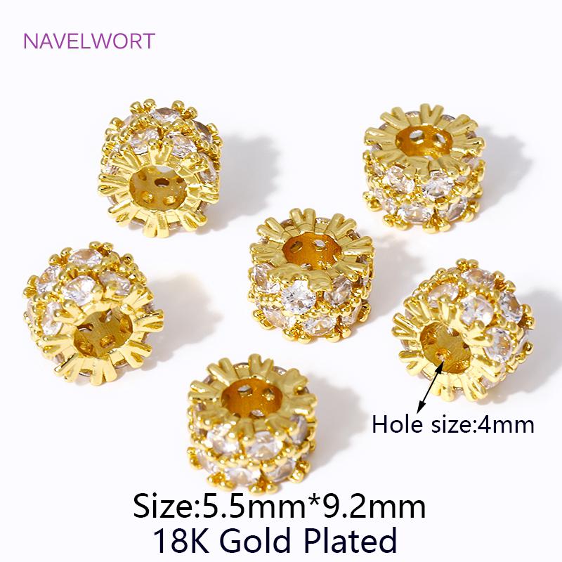 

18K Gold Plated Brass Round Spacer Beads,Bead Separator Zircon Crystal Beads For Bracelet Fittings DIY Jewelry Accessories 2 pieces