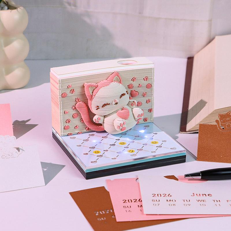 

Календарь-часы 2026 Настольный календарь со светодиодной подсветкой 3D Отрывной календарь Бумажная резьба Искусство Блокнот для заметок Подарок Рождество