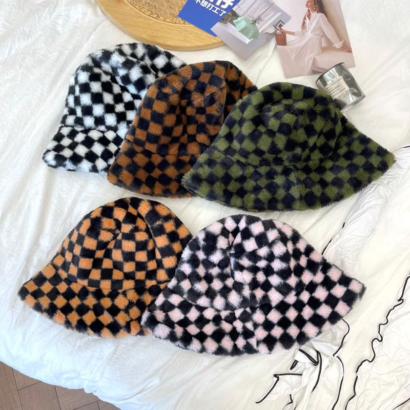 Plaid Fashion Checkerboard Plush Fishermans Hat Female Autumn And Winter Warmth