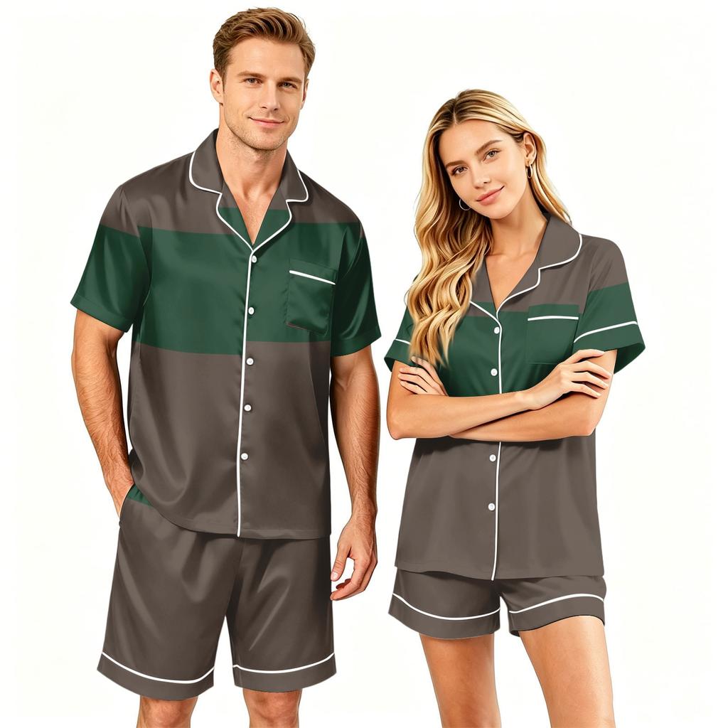 Couple Matching Pajama Set Short Sleeve Button Down Shirt with Hem and Shorts Set Soft Casual Loungewear S To XXXXL