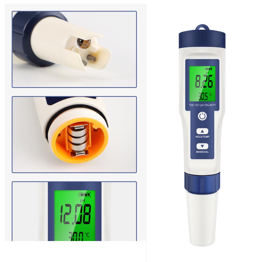 Contor de înaltă precizie Tester digital de apă PH EC TDS Salinitate și temperatură Set 5 în 1 Contor de testare a apei cu intervale multiple
