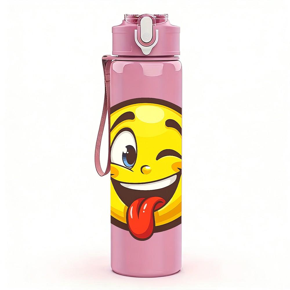 1PC Tongue Out Funny Yellow Emoji Print 750ml Color Plastic Sports Water Bottle Leakproof Flip Straw Lid Suitable for Sports Office Home Use