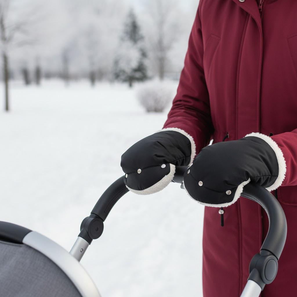 Black Fur Muff Gloves for Stroller, Sled, Insulated for Winter