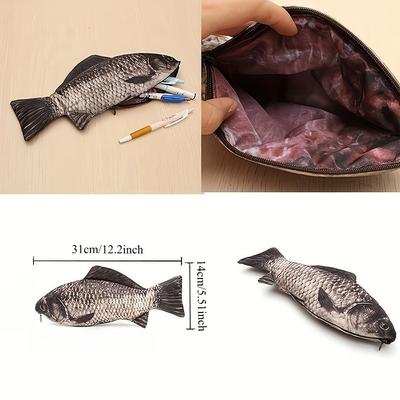 1pc Simulated Crucian Pencil Bag, Cool And Creative Salt Fish Shaped Pencil Case With Zipper, Casual Gift Funny Handbag