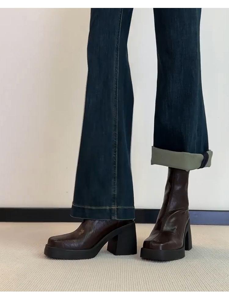 

Версия из мягкой кожи~ бархатные ботильоны на толстой подошве женские на маленьком высоком каблуке толстый каблук ботинки Мартин французский квадратный носок тонкие ботинки 40 коричневый